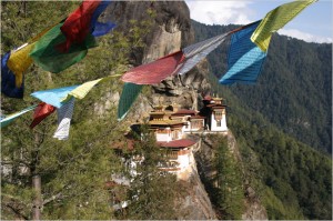 Prayer flags above a monastery in the kingdom of 700,000. Seth Mydans/International Herald Tribune